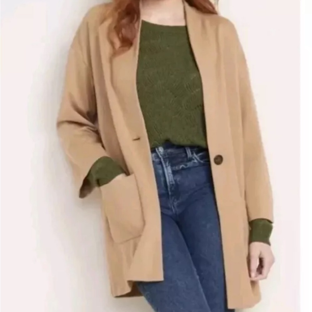 Old Navy Camel Tan One Button Collarless Cocoon Jacket Short Coat Size XL